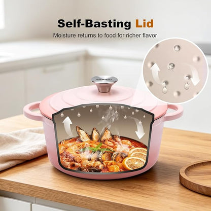 Enameled Cast Iron Dutch Oven - 7QT Pot with Lid,Oven Safe to 500°F,Heavy-Duty Cookware for Sourdough Bread Baking,Braising,Stews,Roasting Pink