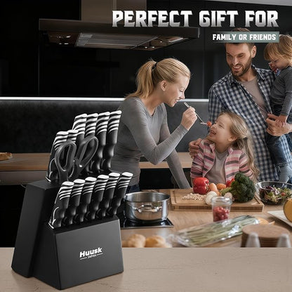 Huusk Knife Block Set with Sharpener - Kitchen Knives Set with Wooden Knife Block - Ideal Housewarming Gifts for New Home - Chef Knives with Kitchen Shears - Christmas Gift for Men Women - Black
