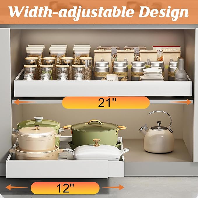 Ancaixin Pull Out Cabinet Organizer, 2PC 21" Deep Expandable (12"-21") Pull Out Drawers for Cabinets with Adhesive, Slide Out Drawers Roll Out Shelf for Kitchen, Bathroom, Under Sink Storage(White)