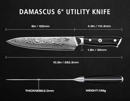 SHAN ZU Damascus Chef Knife, Utility Knife 6 Inch Japanese Steel Damascus Kitchen Knife, 67 Layers Professional High Carbon Super Steel Kitchen Knives with Ergonomic G10 Handle