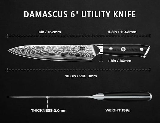 SHAN ZU Damascus Chef Knife, Utility Knife 6 Inch Japanese Steel Damascus Kitchen Knife, 67 Layers Professional High Carbon Super Steel Kitchen Knives with Ergonomic G10 Handle