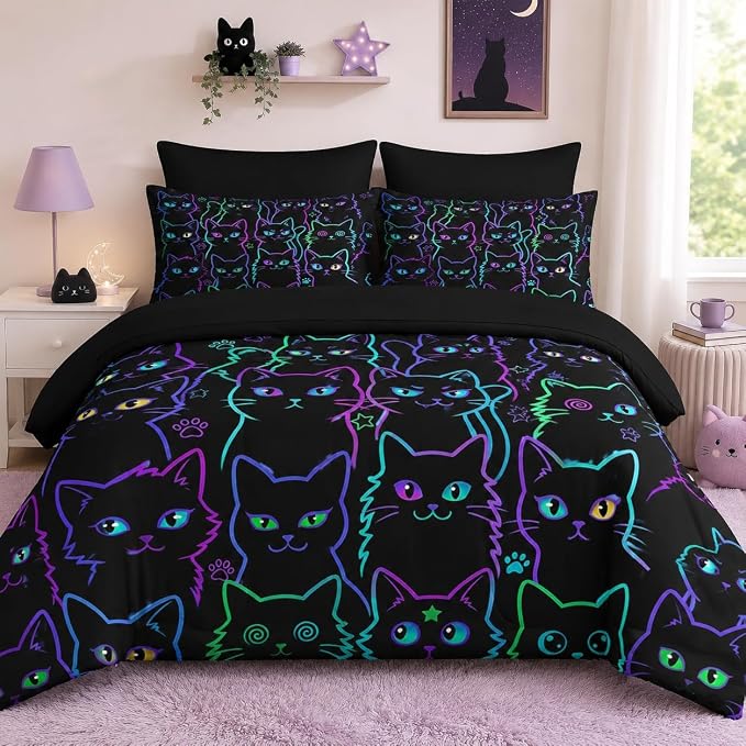 Pamnest 7 Pcs King Size Comforter Set with 2 Pillowcases & 2 Shams, Cute Cat Halloween Bedding Set for Kids and Adults, Neon Funny Gothic Bed in a Bag with Flat Sheet and Fitted Sheet