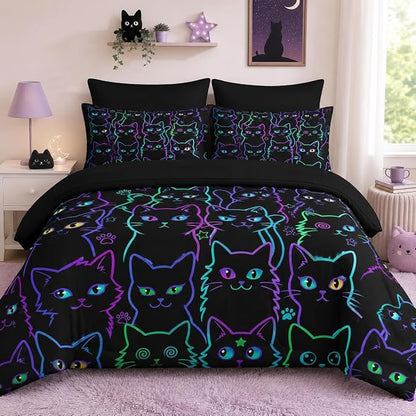 Pamnest 7 Pcs King Size Comforter Set with 2 Pillowcases & 2 Shams, Cute Cat Halloween Bedding Set for Kids and Adults, Neon Funny Gothic Bed in a Bag with Flat Sheet and Fitted Sheet