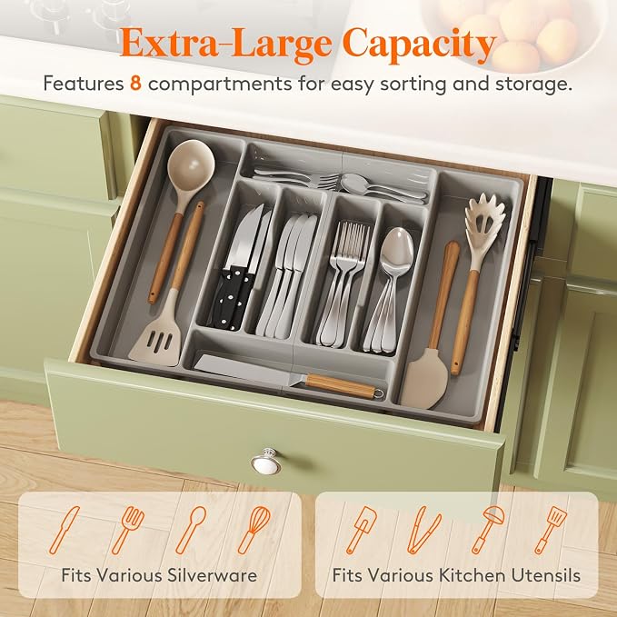 Lifewit Silverware Organizer, Plastic Kitchen Utensil Drawer Tray, Cutlery Flatware Storage Holder for Spoons Forks Knives, 20 x 16"/ 52 x 42cm, 8 Compartment, Gray