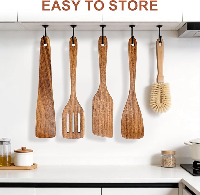 Wooden Spatula for Cooking Utensils Set Acacia Wood Spatulas for Kitchen Use Non Toxic Serving Utensil Slotted Turner Wood Scraper Flat Baking Cooking Spatula Non Stick Spurtle Wok Kitchen Utensils