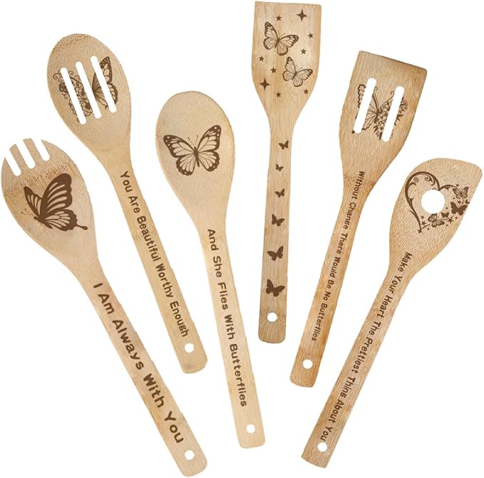 6Pcs 6 Styles Butterfly Wooden Utensils Set for Cooking 11.8 x 2.4 Inch Bamboo Kitchen Spoons Durable Wood Spoons Set for Housewarming Wedding Birthday Gift Farmhouse Apartment Accessories