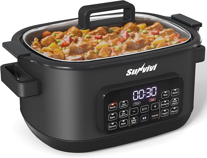 12-in-1 Multicooker, 6.5QT Slow Cooker Roaster Oven, Digital Programmable Multi Functional Pot with Timer Temp Control Delay Start Glass Lid Removable Nonstick Pot, Roast/Steam Rack, Black