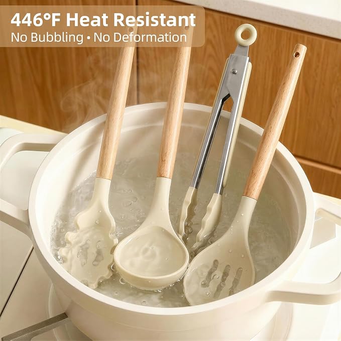 Silicone Cooking Utensils Set, 33PCS/446°F Heat Resistant Food Grade Silicone Kitchen Gadgets, Spatula Set w Holder, for Nonstick Cookware (BPA Free, Khaki)