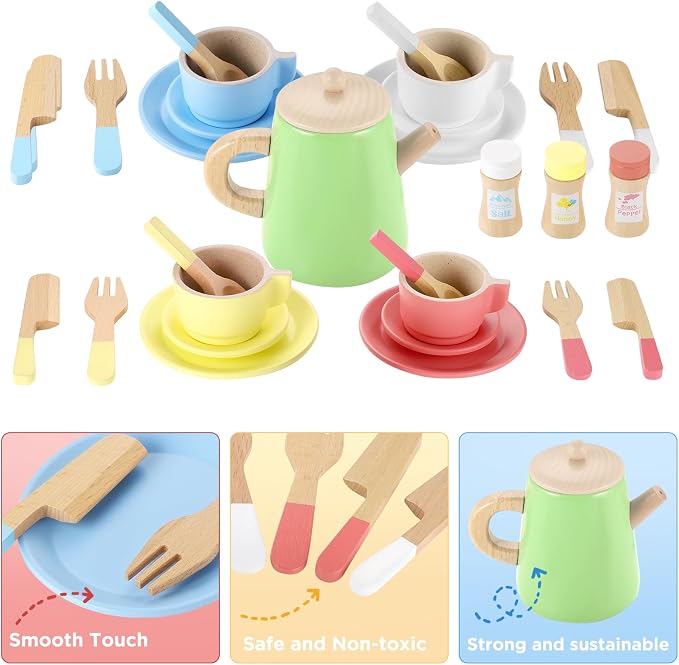GAGAKU Wood Tea Set and Wooden Play Dishes 2 in 1 Play Food Set Toy 28 PCS Montessori Play Kitchen Accessories Kitchen for Toddlers Cooking Playset for 3-8 Years Girls and Boys