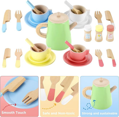 GAGAKU Wood Tea Set and Wooden Play Dishes 2 in 1 Play Food Set Toy 28 PCS Montessori Play Kitchen Accessories Kitchen for Toddlers Cooking Playset for 3-8 Years Girls and Boys