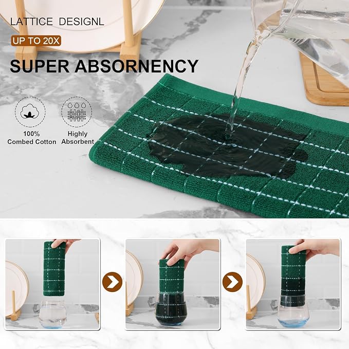 Mordimy 100% Cotton Terry Cloth Kitchen Towels, Super Soft and Absorbent Dish Towels for Drying, Checkered Designed Hand Towels for Kitchen, 13 x 28 Inches, 4 Pack, Dark Green
