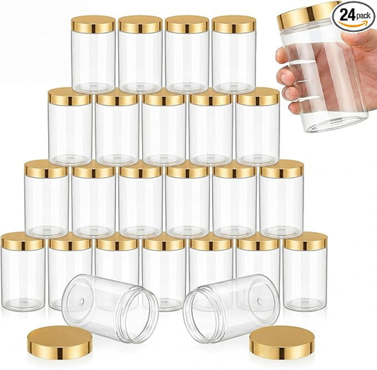 SATINIOR 24 Pieces Empty Clear Plastic Jars with Lids Round Storage Containers Wide Mouth for Beauty Product Cosmetic Cream Lotion Liquid Butter Craft and Food(Gold Lid,12 oz)
