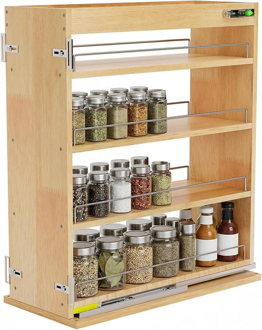 Pull Out Spice Rack Organizer for Cabinet, 8" W x 22.3" D x 25.2" H Multi-Use Solid Wood Slide Out Shelf for Kitchen Cabinet, Sliding Spice Rack for Cans & Jars, Pantry Organization