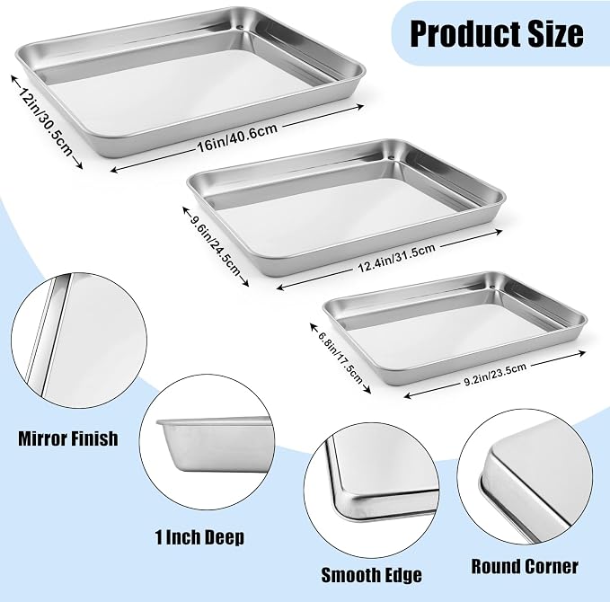 3 Set Baking Sheet with Rack, Stainless Steel Cookie Sheet with Cooling Rack(3 Pans + 3 Racks), Nonstick Baking Pan, Heavy Duty Cookie Sheets for Cooking, Oven & Dishwasher Safe, 9/12/16 Inch