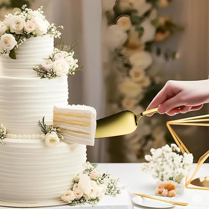 Stainless Steel Cake Knife and Server Set – 2-Piece Wedding Cake Cutting Set with Gift Box – Elegant Pie and Pizza Serving Utensils for Parties, Birthdays, Anniversaries (Gold)