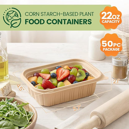 50 Pack (100 Piece) Food Containers with Lids, 22oz Meal Prep Containers Reusable Plant-based Cornstarch Lunch Box BPA Free Small Disposable Take Out Togo Boxes for Salad Microwave & Freezer Safe