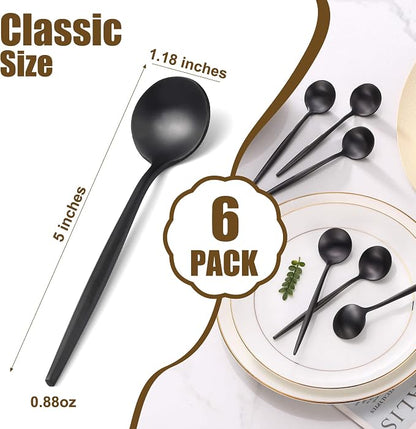 Black Coffee Spoons Set,Stainless Steel Teaspoons of 6,Espresso Spoons 5.11 inch,Demitasse Dessert Scoop,Small Tea Scoop Mini for Stirring,Matte Finish,Dishwasher Safe