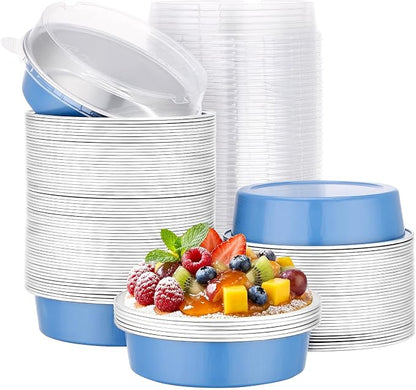 Beasea Aluminum Cupcake Pans With Lids, 100 Pack 7.3oz Disposable Pie Pans For Cake, 4 Inch Aluminum Pie Tart Baking Cups Tins Round Oven Mini Cake Pan For Tart Quiche Dessert - Moon Blue