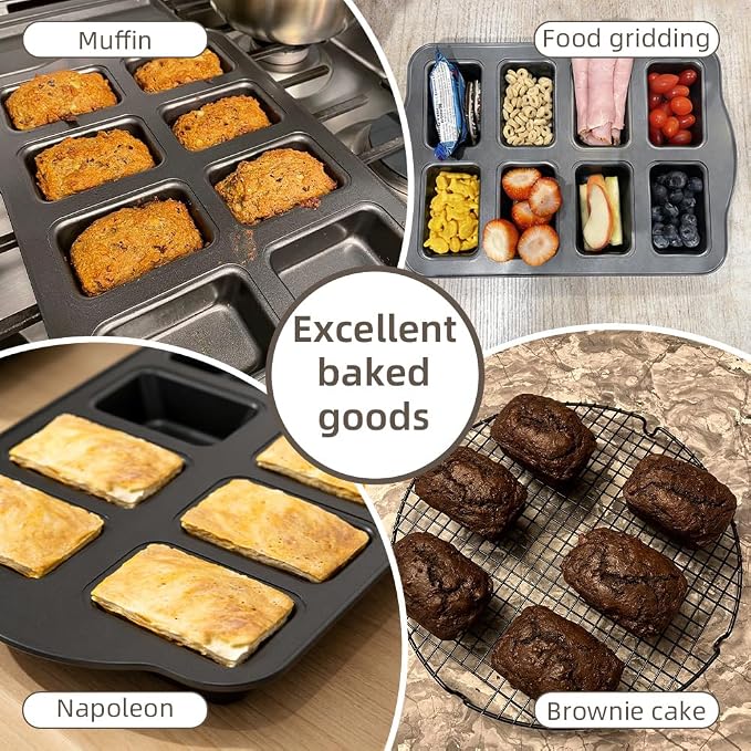Non-Stick Mini Loaf Pans, 2 PCS 8-Cavity Carbon Steel Small Bread Pans Mini Banana Bread Pan for Baking Cheesecake Muffins Cornbread Small Meatloaf Pound Cake