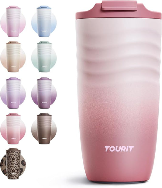 TOURIT 16 oz Travel Coffee Mug, Vacuum Insulated Stainless Steel Tumbler with Ripple-Wave Anti-Slip Grip, Built-in Silicone Bottom for Quiet & Stable, Leak-Proof Lid, Fits Car Cup Holder, Rose