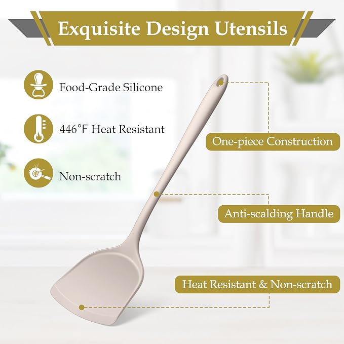 LIANYU 8Pcs Kitchen Utensils Set, Silicone Cooking Utensils Spatula Set for Nonstick Cookware, Include Silicone Spatula, Ladle, Turner, Spoon, Heat Resistant, Dishwasher Safe, Khaki White