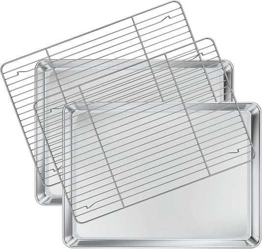 Deedro Baking Sheet with Rack Set [2 Sheets + 2 Racks], Stainless Steel Cookie Half Sheets Baking Pan Oven Tray with Cooling Rack, 17.32 x 12.28 x 1 Inch, Heavy Duty, Non-toxic, Easy Clean