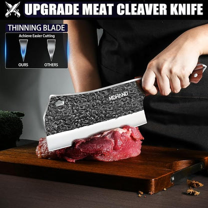 MDHAND Butcher Knife Set, 8PCS Hand Forged Butcher Chef Knife Set, High Carbon Steel Full Tang Kitchen Knives Set, Heavy Duty Meat Cleaver for Outdoor Camping BBQ, Gift for Men