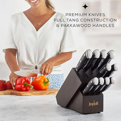 JoyJolt 11pc Kitchen Knife Set with Block. High Carbon, x50 German Steel Knives Set for Kitchen with Chef, Bread, Slicing, Nakiri, Utility, Paring and 4pc Steak Knife Set for Black Kitchen Decor