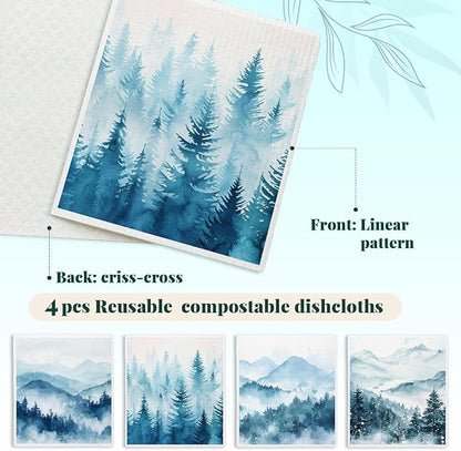 Winter Tree Christmas Swedish Dishcloths for Kitchen, Swedish Dish Cloths for Pine Tree, Papaya Reusable Paper Towels, 4 Pack Dish Towels for Kitchen, Reusable Paper Towels Washable