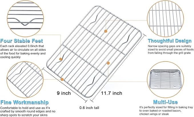 TeamFar Toaster Oven Pan, 12.4’’ x 9.7’’ x 1’’ Stainless Steel Baking Pan Tray Cooling Wire Rack with Silicone Mat Set for Cooking Use, Healthy & Sturdy, Oven & Dishwasher Safe, Set of 3