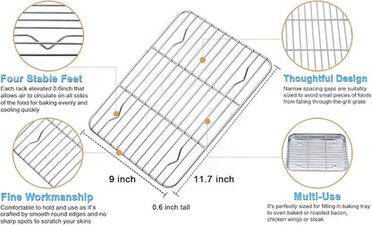 TeamFar Toaster Oven Pan, 12.4’’ x 9.7’’ x 1’’ Stainless Steel Baking Pan Tray Cooling Wire Rack with Silicone Mat Set for Cooking Use, Healthy & Sturdy, Oven & Dishwasher Safe, Set of 3