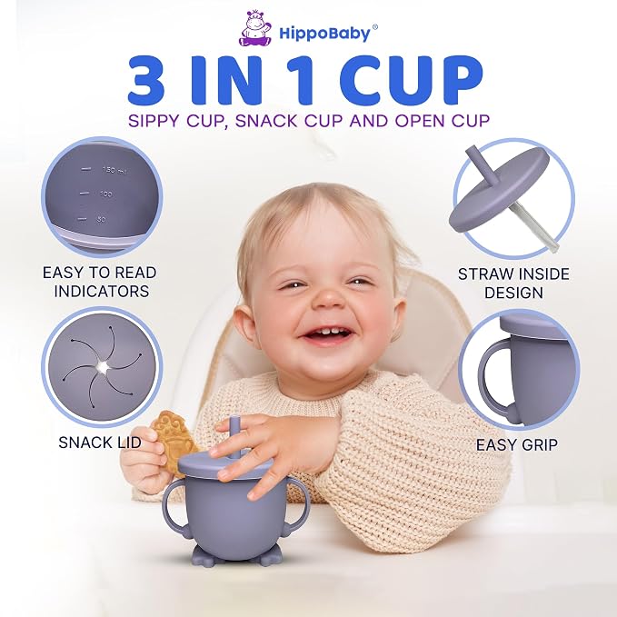 HippoBaby Baby Led Weaning Supplies | 10 Piece Silicone Feeding Set | Baby Toddler Bib Cup Divided Plate and Bowl Self Feeding Spoons Dish Set | Baby Utensils | Toddler Feeding Supplies (Lavender)