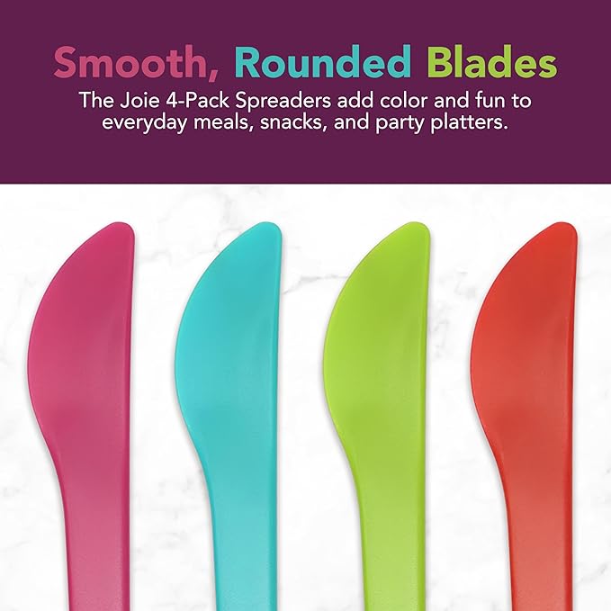 Joie Spreaders Set, Reusable Plastic Knives, Strong and Durable, Ideal for Butter, Jelly, Cream Cheese and Nut Butter, Handy Kitchen Tool, BPA-Free, Assorted Colors, 4 Count
