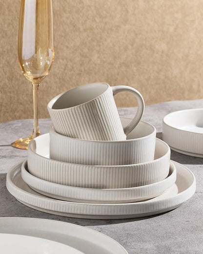 Famiware Star 12-Piece Stoneware Flat Plate Set for 6-10.5" Dinner Plates & 8" Salad Plates, High Edge Dishes Dinnerware Sets, Chip & Scratch Resistant, Microwave & Dishwasher Safe, Matte White