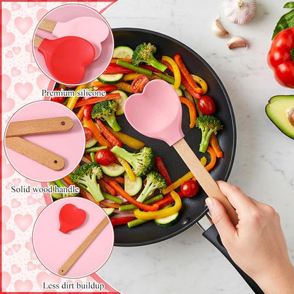 Chengu 3 Pcs Heart Shaped Silicone Spoon with Wooden Handle Valentine Day Kitchen Utensil Gift Set Red Pink Hot Heart Spatula Non-stick Cooking Tools for Mixing Stirring and Baking