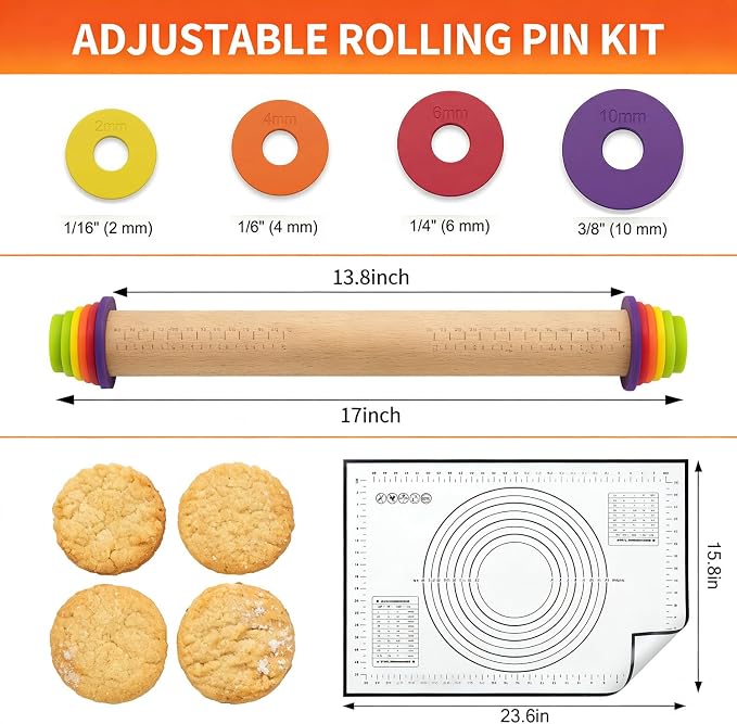 Rolling Pin With Thickness Rings, Adjustable Wooden Rolling Pin Set, 17 inch Rolling Pins for Baking, Biscuit, and Dough Kneading, Pizza Dough, Paster Roller