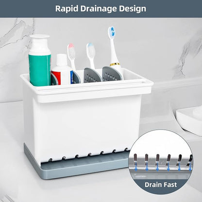 JOMOLA Kitchen Sink Organizer Dish Brush Sponge Holder Caddy Toothbrush Holders for Bathrooms Sinkware Kitchen Utensil Holder Sink Caddy Organizer with 4 Separate Dividers Removable Drain Tray (Grey)