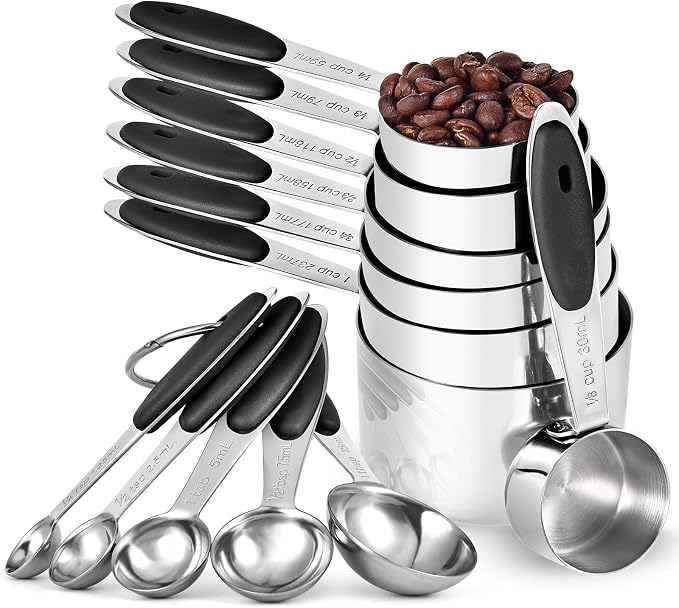 U-Taste Measuring Cups Spoons Set: 18/8 Stainless Steel 12 Pieces Stacking Kitchen Baking Cooking Food Measure Scoop Set, 7 Cups & 5 Spoons with Strengthened Weld Joints (Black, Upgraded Version)