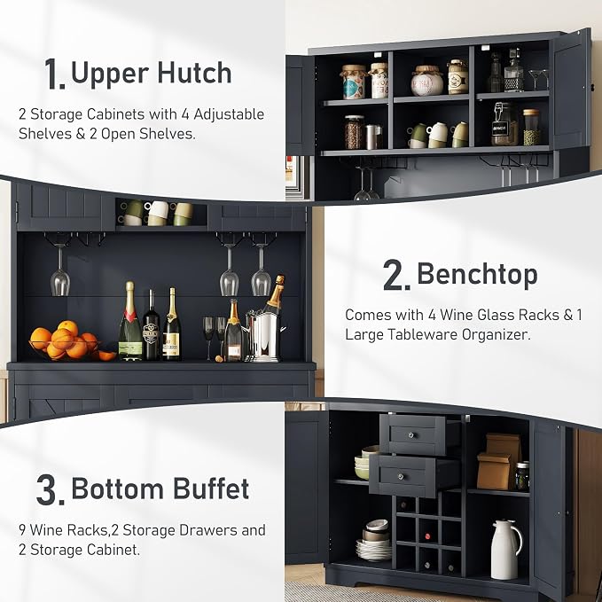 VilroCaz Farmhouse Freestanding Kitchen Pantry, Coffee Bar Cabinet Kitchen Buffet Cabinet with Drawers, Adjustable Shelves and Wine & Glass Racks for Dining Room, Kitchen (Antique Blue-2.16)