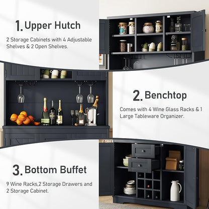 VilroCaz Farmhouse Freestanding Kitchen Pantry, Coffee Bar Cabinet Kitchen Buffet Cabinet with Drawers, Adjustable Shelves and Wine & Glass Racks for Dining Room, Kitchen (Antique Blue-2.16)