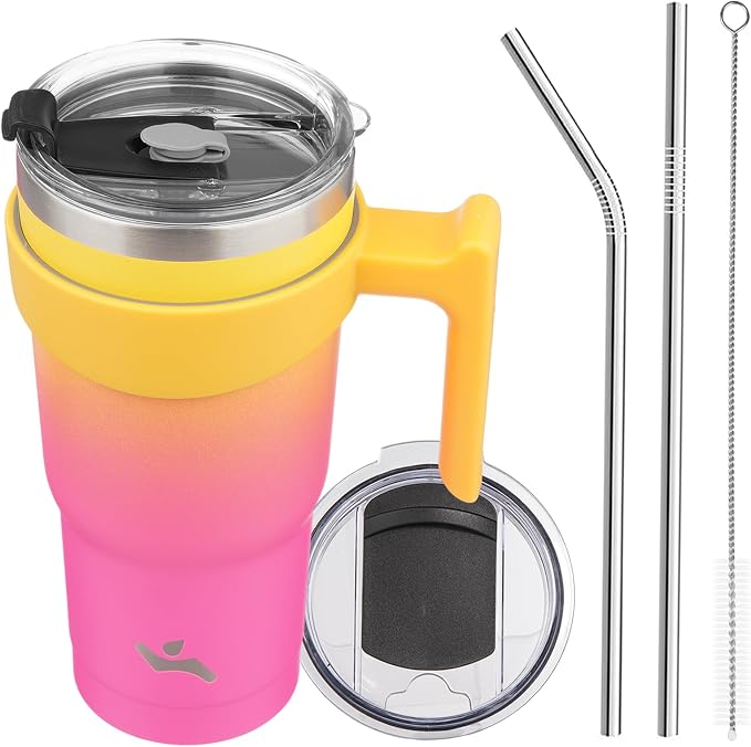 Konokyo 20 oz Tumbler with Handle and 2 Straw 2 Lid, Insulated Water Bottle Stainless Steel Vacuum Cup Reusable Travel Mug,Rainbow