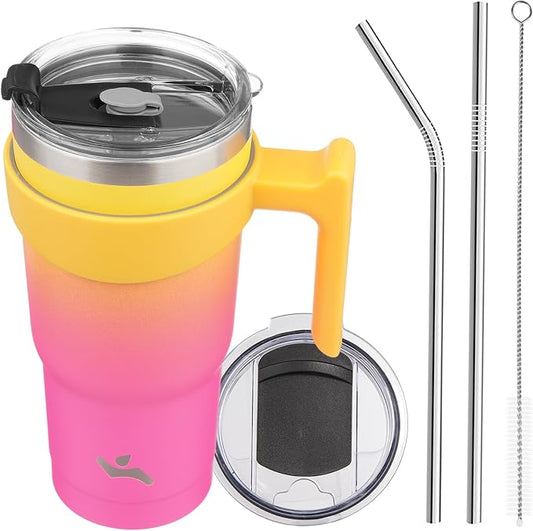 Konokyo 20 oz Tumbler with Handle and 2 Straw 2 Lid, Insulated Water Bottle Stainless Steel Vacuum Cup Reusable Travel Mug,Rainbow