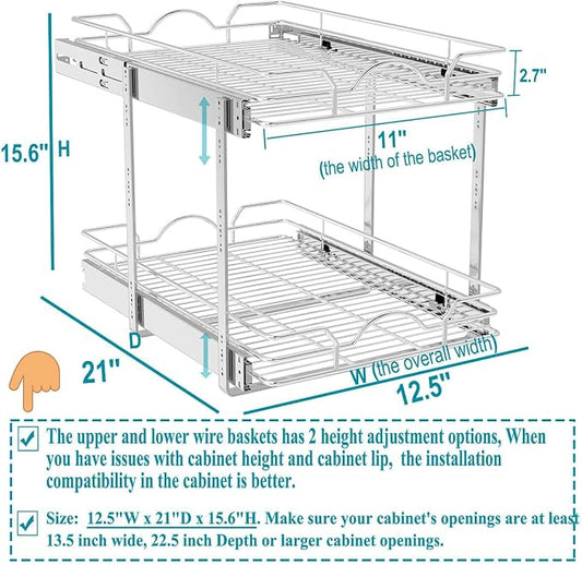 OCG 2 Tier Pull Out Cabinet Organizer (12.5" W x 21" D), Pull Out Drawers for Kitchen Cabinets, Pull Out Shelves for Base Cabinet Organization in Kitchen Bathroom Pantry, Chrome Finish