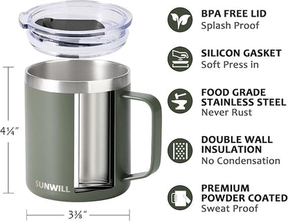 SUNWILL Travel Coffee Mug with Lid, Insulated Tumbler with Handle, 14 oz Stainless Steel Cup for Home, Office, Camping, Powder Coated Camp Green