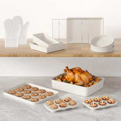 Wildone 13-Piece Baking Pans Set Nonstick - Stackable Bakeware Sets Including Cookie Sheets for Baking, Rack, Muffin Pan, Cake pan, Loaf Pan, Roasting Pan, Heavy Duty & Easy Clean, White