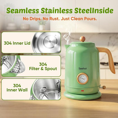 Seehot® 1.7L (57.oz) Electric Kettle with Thermometer, 1200W Large Electric Tea kettle with 304 Stainless Steel,Auto shut off,Hot water kettle Electric for Home,Office,Kitchens-Green