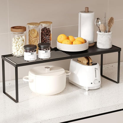 Magheo Expandable Cabinet Shelf Organizer, 1 Pack Stackable Kitchen Counter Shelf Riser, Metal Spice Rack Heavy Duty Countertop Organizer Storage for Kitchen, Pantry, Cupboard, Rv (8.7in Height,Black)