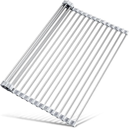 Tomorotec Stainless Steel Roll-Up Dish Drying Rack Marble Color Silicone Edges, Foldable Kitchen Rack Heat Resistant Trivet Supports up to 70 lbs, Food Safe for Dishes, Cookware & More