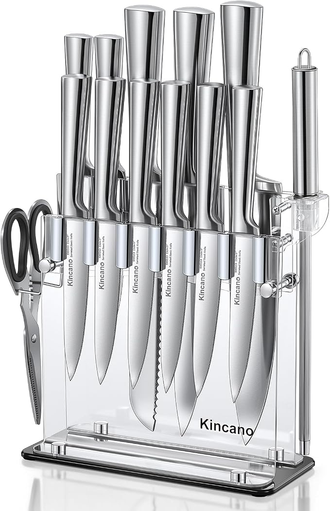 Knife Set, 14 PCS High Carbon Stainless Steel Super Sharp Kitchen Knife Set for Chef with Acrylic Stand, include Steak Knives, Sharpener and Scissors, Ergonomical Design by kincano