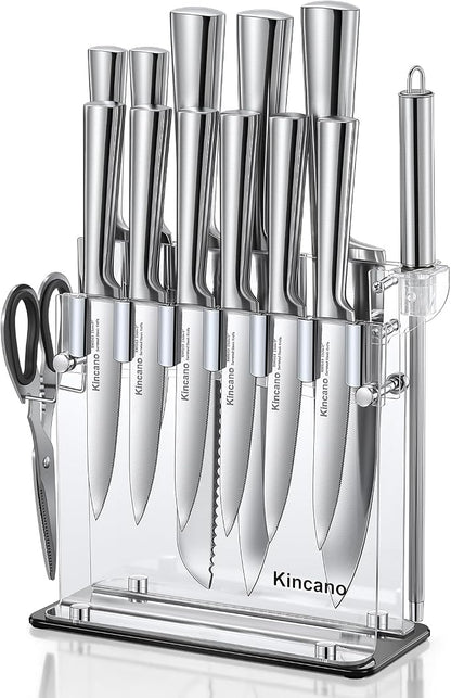 Knife Set, 14 PCS High Carbon Stainless Steel Super Sharp Kitchen Knife Set for Chef with Acrylic Stand, include Steak Knives, Sharpener and Scissors, Ergonomical Design by kincano